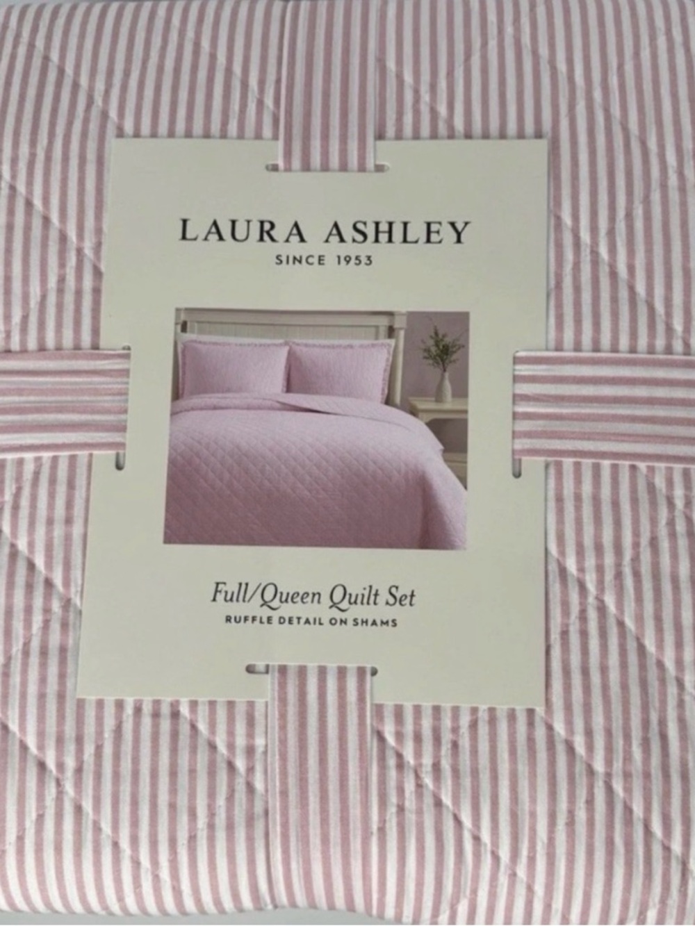Laura Ashley ~ Full/Queen PINK Oxford Stripe Quilt/Sham Set ~ Reversible Cotton